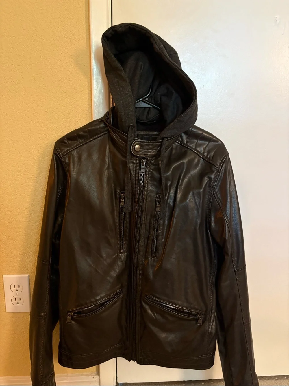 Express Brown Faux Leather Bomber Jacket with Hooded Insert